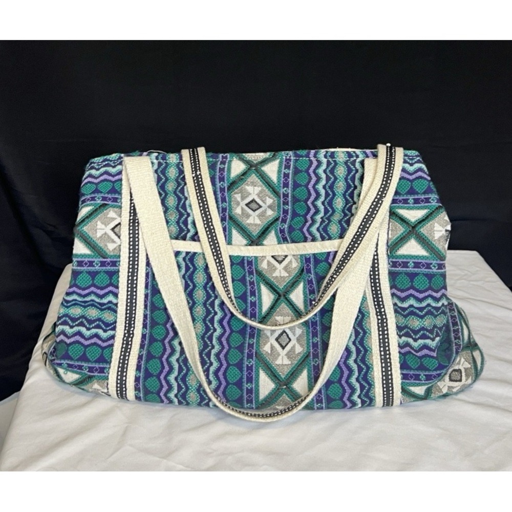 Large Woven Aztec Tote Bag‎ Boho Purse -Blue Green Purple Southwestern Design
